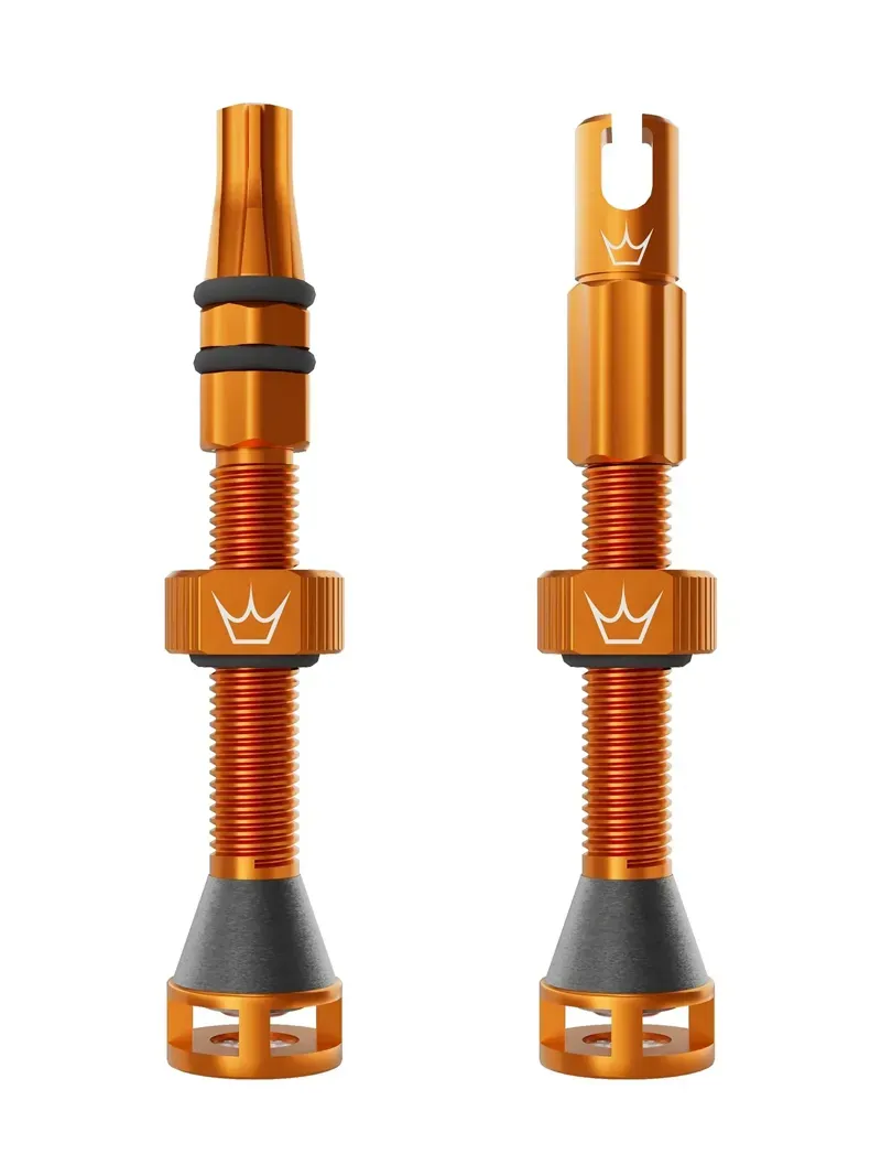 Peaty's Holeshot Fast Flow Tubeless Valves in Orange