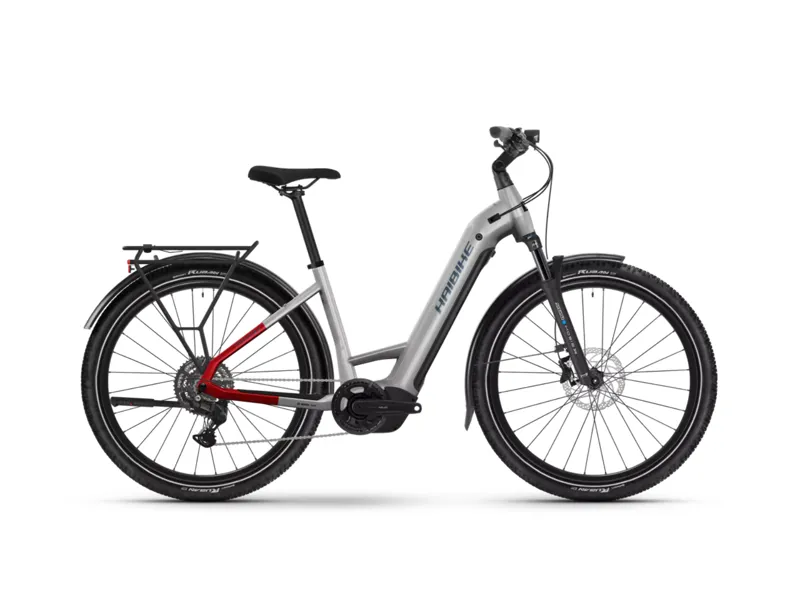 Haibike Trekking 7 Low Step Hybrid E.Bike - Gloss Soft Grey/ Red/ Blue