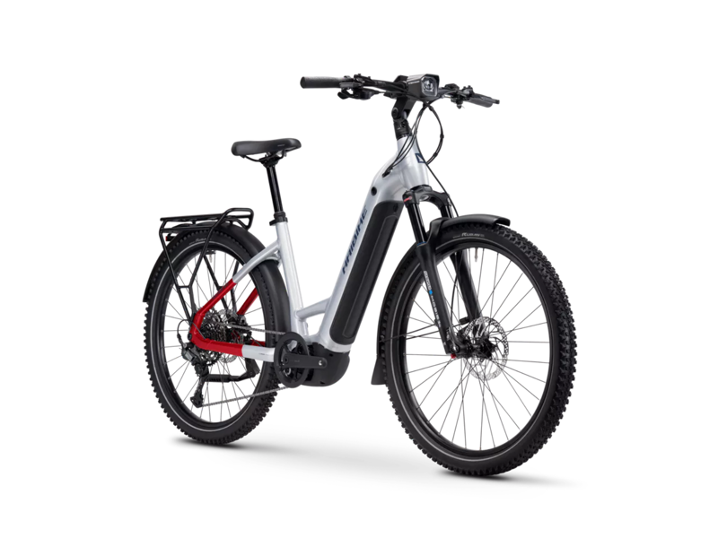 Haibike Trekking 7 Low Step Hybrid E.Bike - Gloss Soft Grey/ Red/ Blue-1