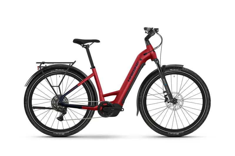 Haibike Trekking 7 Low Step Electric Hybrid Bike - Gloss Fruity Red/ Blue